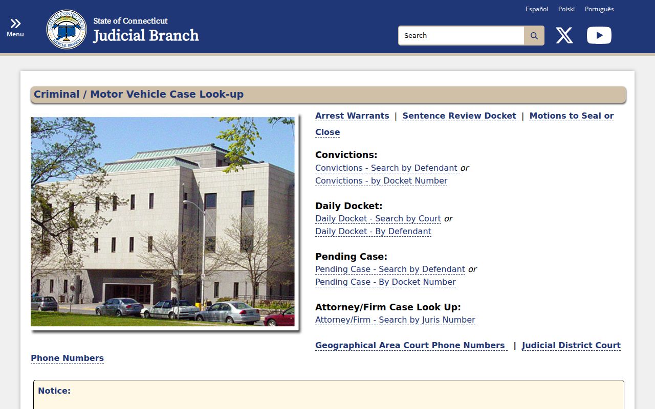 New Haven County court dockets criminal and motor vehicle lookup landing page