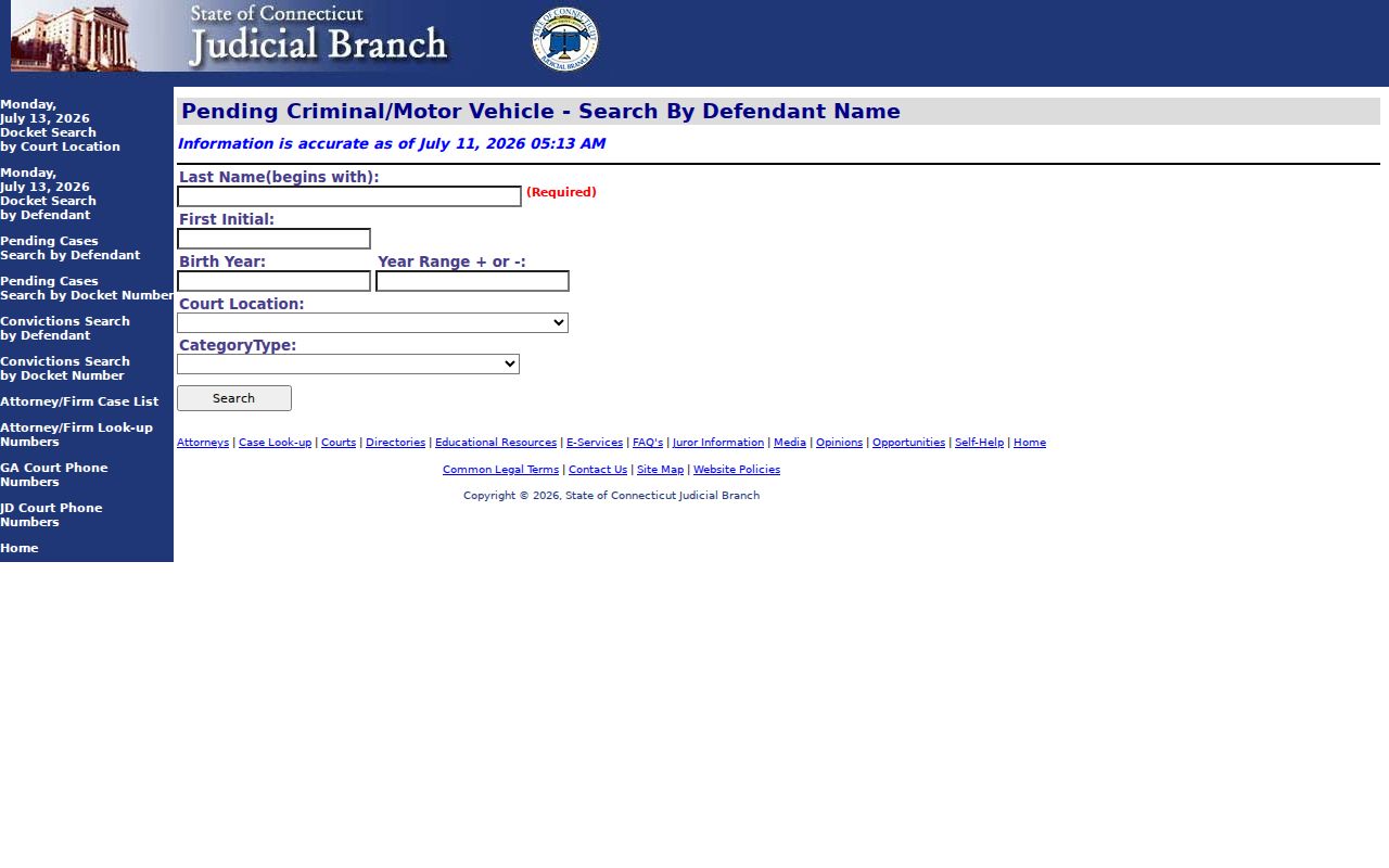 New Haven County court dockets pending criminal motor vehicle search fields