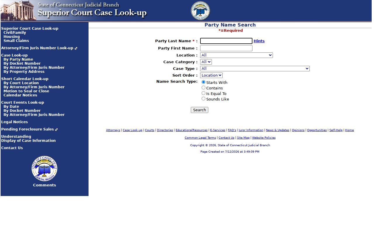 New Haven County court records civil family housing small claims search fields