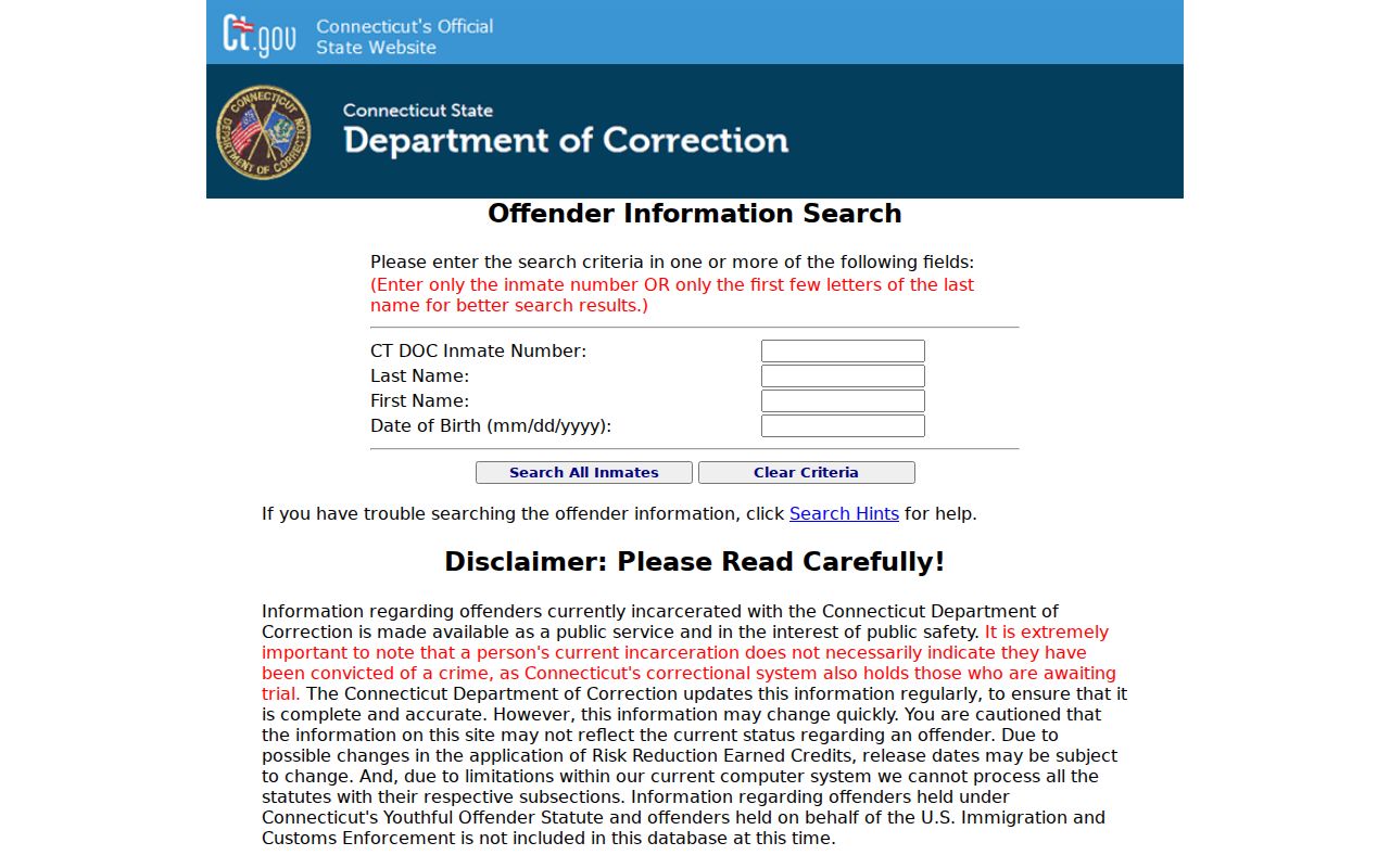 New Haven County inmate search form on Connecticut DOC portal