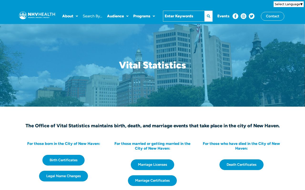 New Haven County marriage records Vital Statistics page