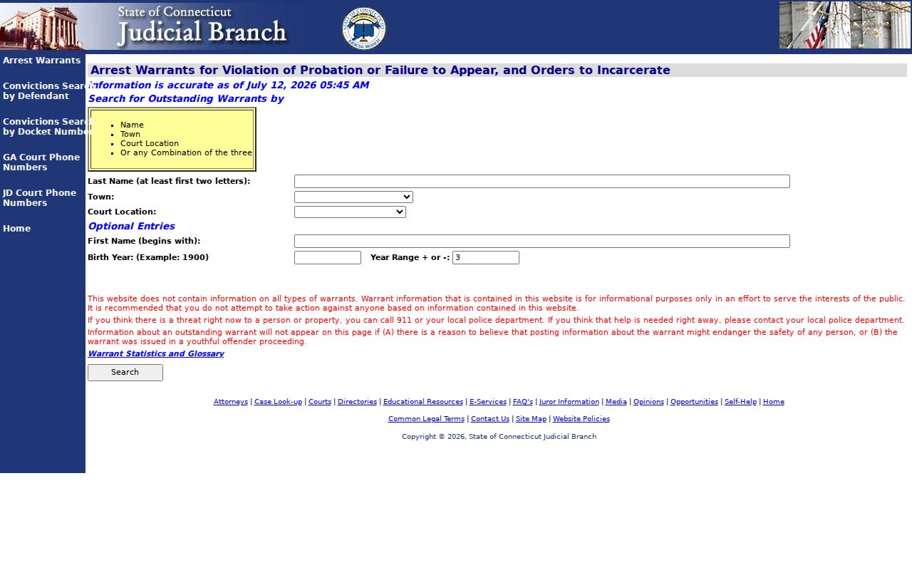 New Haven County warrant search portal for violation of probation and failure to appear records